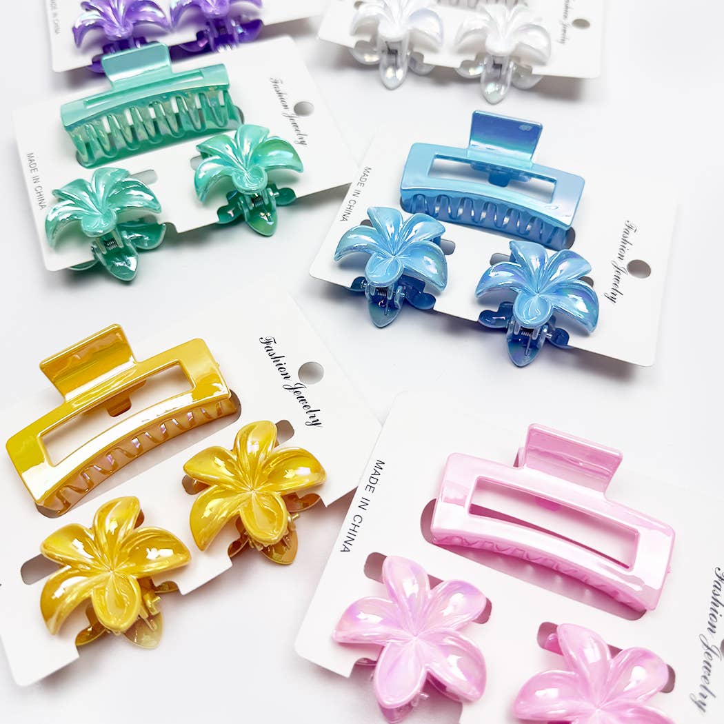 Hawaiian Flower and Rectangle Combination Hair Claw Set