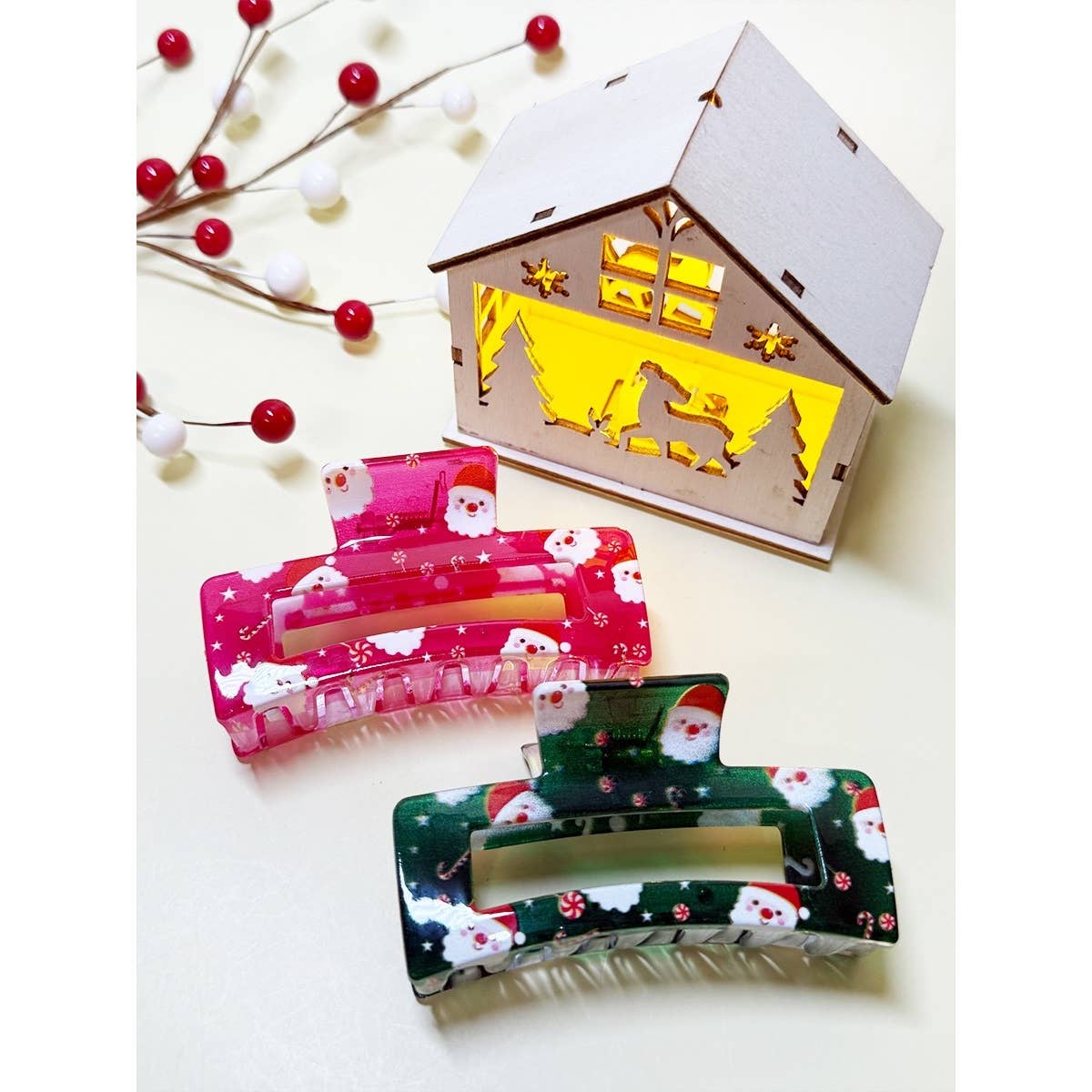 Santa Print Rectangle Christmas Hair Claw