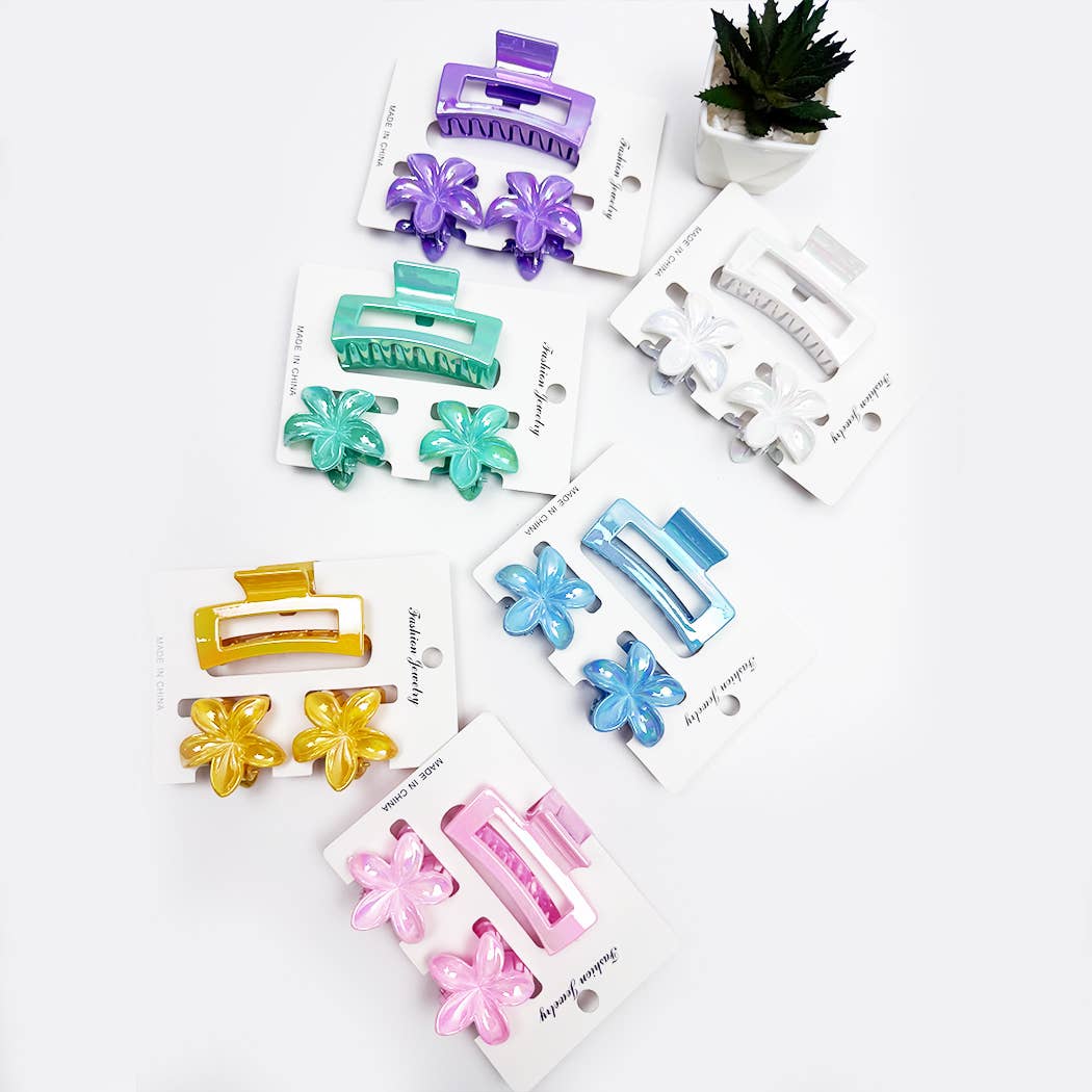 Hawaiian Flower and Rectangle Combination Hair Claw Set