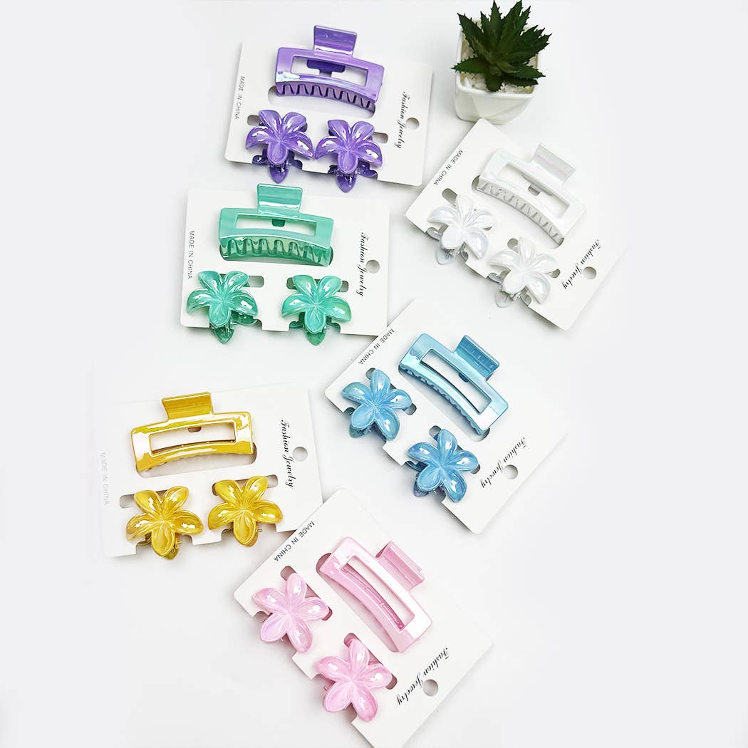 Hawaiian Flower and Rectangle Combination Hair Claw Set