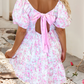 LDC Floral Square Neck Ribbon Knot Back Cute Mini Dress
