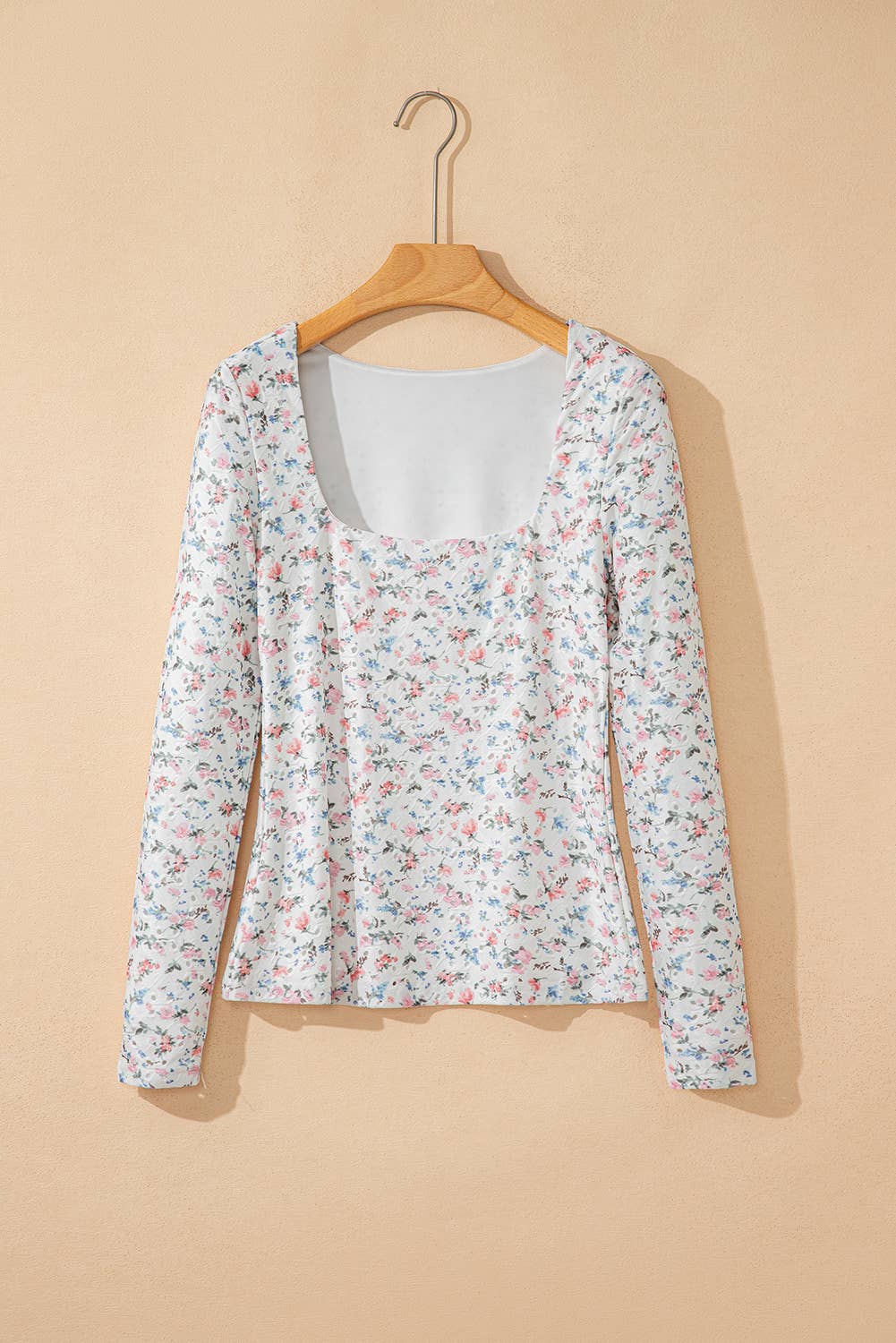 LDC Floral Print Textured Square Neck Long Sleeve Top