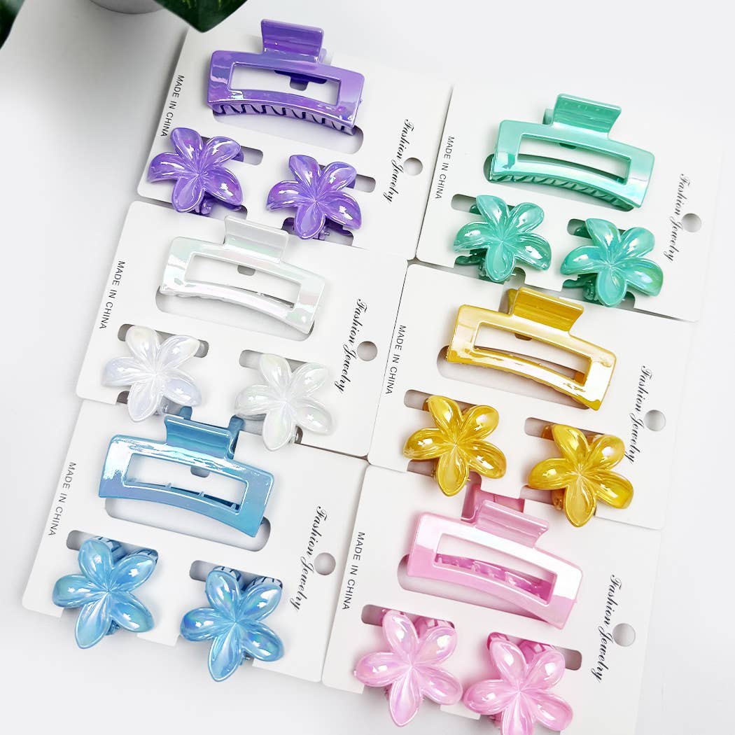 Hawaiian Flower and Rectangle Combination Hair Claw Set
