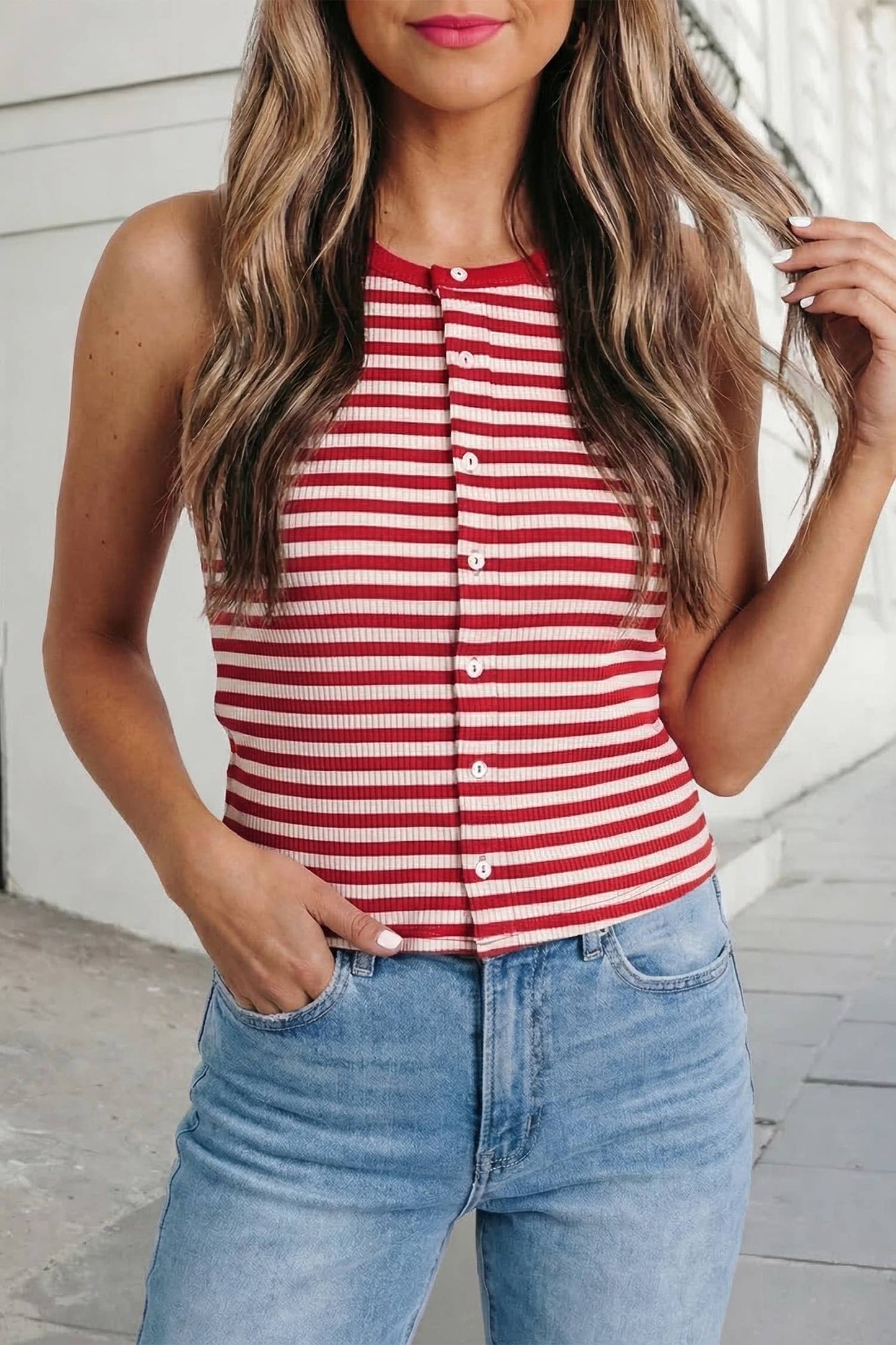 Stripe Buttoned Ribbed Knit Tank Top | S-XL