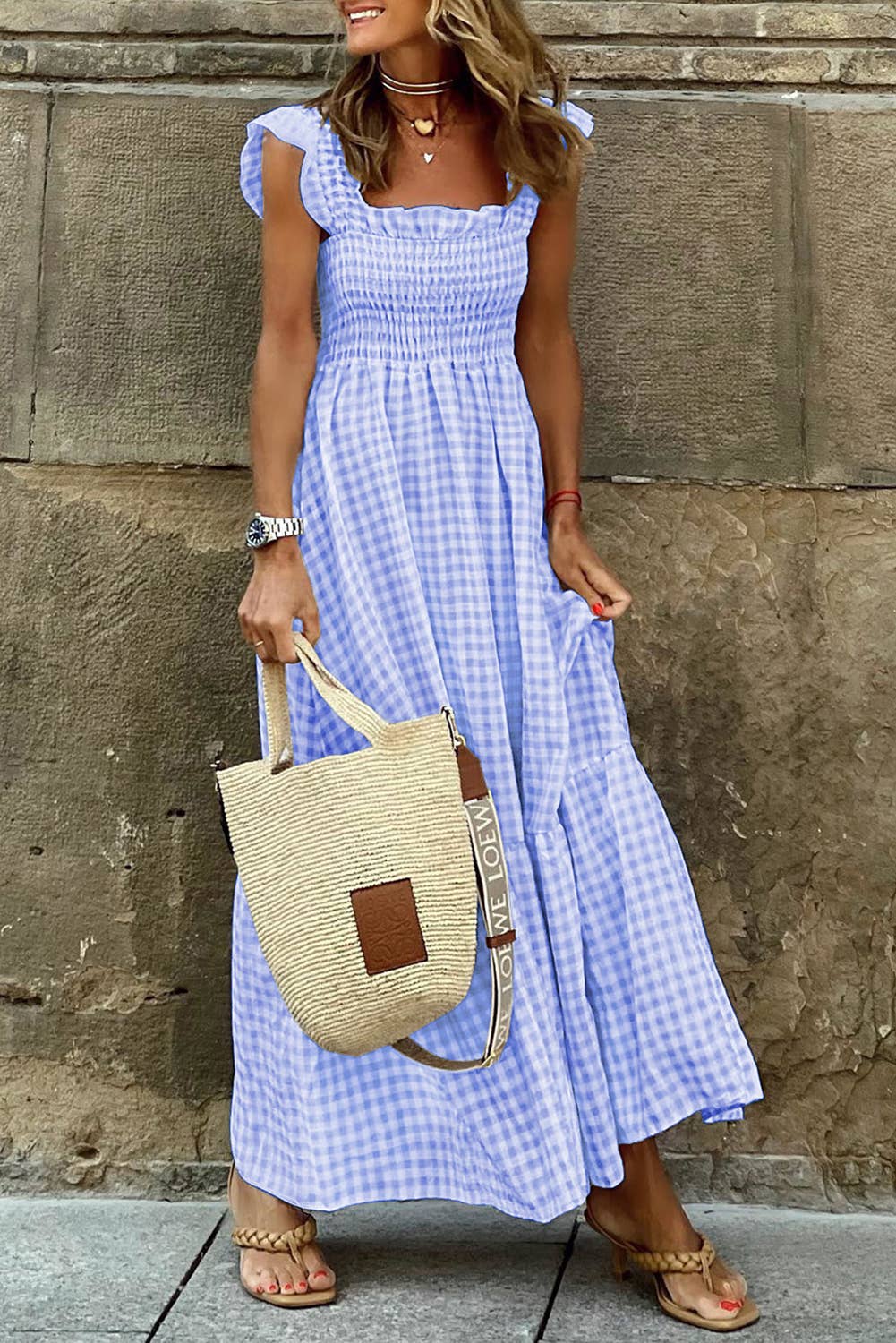 Plaid Square Neck Fit-and-flared Vacation Sundress (S-XL)