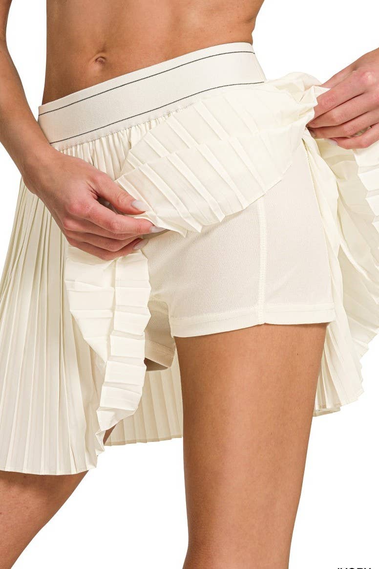 Woven High Waist Knife-pleat Mini Skirt Lined Inner Pants