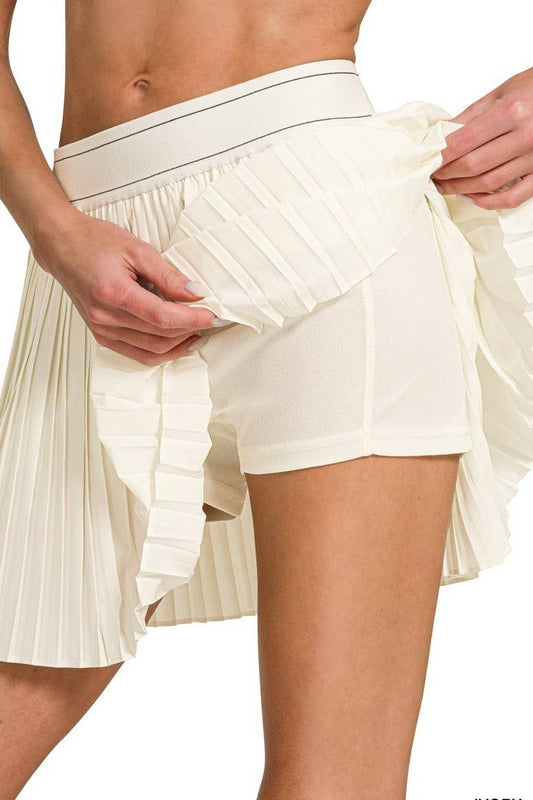 Woven High Waist Knife-pleat Mini Skirt Lined Inner Pants
